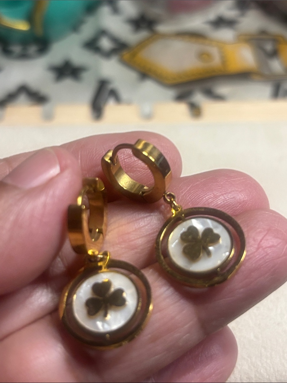 Gold-Tone Clover Drop Earrings with Mother-of-Pearl Disk
